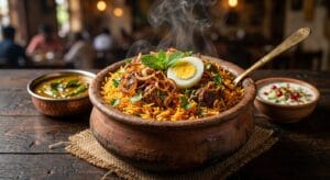 Authentic Hyderabadi mutton dum biryani served in a clay handi with mirchi ka salan