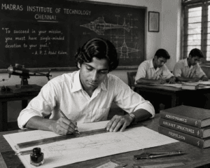 AI illustration of young Dr. A.P.J. Abdul Kalam studying Aeronautical Engineering at the Madras Institute of Technology (MIT), Chennai