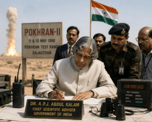 Dr. A.P.J. Abdul Kalam during the Pokhran-II nuclear tests in Rajasthan (AI illustration)