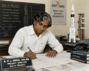 Dr. A.P.J. Abdul Kalam working at ISRO during the SLV-3 satellite launch programme