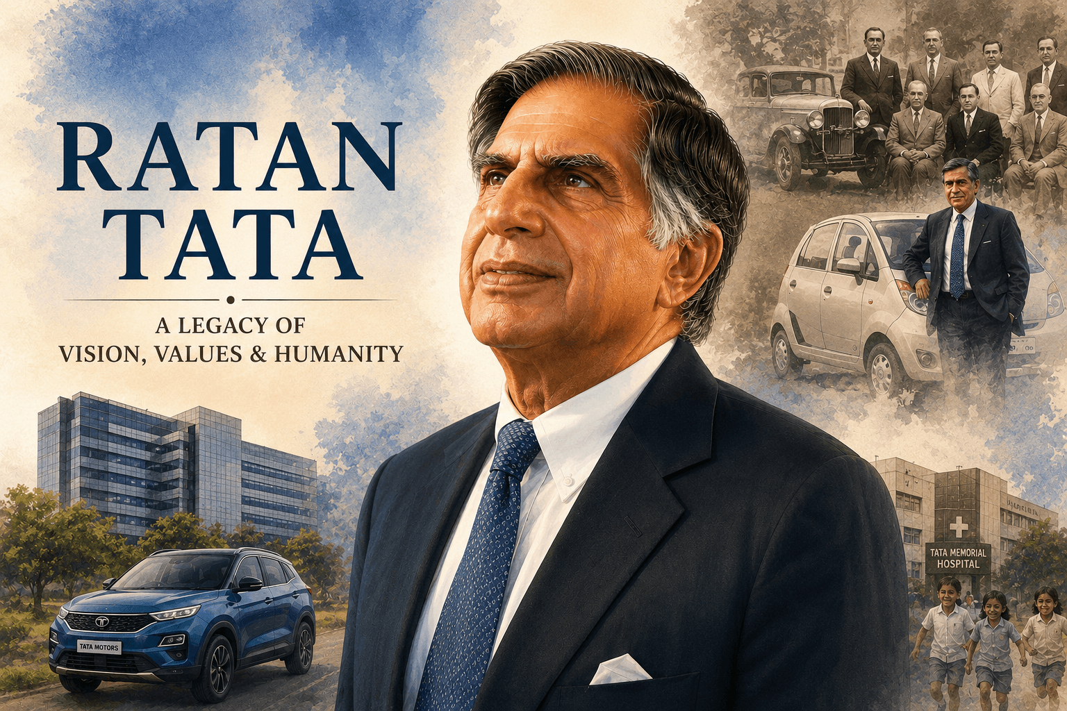 Ratan Tata biography featured image showcasing his leadership, philanthropy, Tata Group achievements and legacy