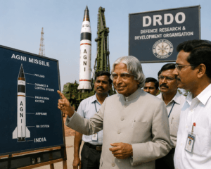 AI illustration of Dr. A.P.J. Abdul Kalam leading the Agni Missile Programme at DRDO, India