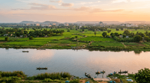 Aerial view of Amaravati capital region near the Krishna River in Andhra Pradesh
