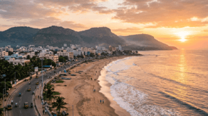 Sunrise over Visakhapatnam beach and coastline in Andhra Pradesh