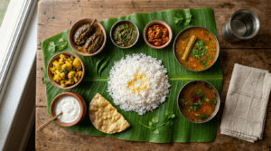 Traditional Andhra meal served on a banana leaf with rice, gongura pachadi and curries