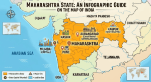 Maharashtra highlighted on the map of India showing neighbouring states, Arabian Sea, Mumbai, Pune, Nagpur, Nashik, and Chhatrapati Sambhajinagar.