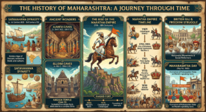 History of Maharashtra featuring Chhatrapati Shivaji Maharaj, Raigad Fort, Ajanta and Ellora Caves, Kailasa Temple, Satavahana dynasty, Maratha Empire, and Maharashtra Day.