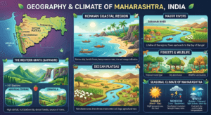 Geography and climate of Maharashtra featuring the Western Ghats, Konkan Coast, Deccan Plateau, Godavari River, hill stations, forests, and seasonal weather.