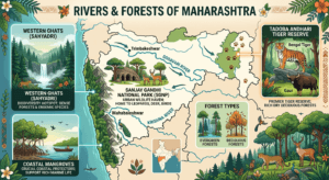 Rivers and forests of Maharashtra featuring Godavari River, Krishna River, Tadoba Tiger Reserve, Western Ghats, mangrove forests, Bengal tiger, and lush forests.