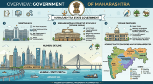 Government of Maharashtra featuring Mantralaya, Maharashtra Legislative Assembly, Mumbai skyline, state emblem, administrative divisions, and democratic governance.