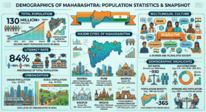 Population of Maharashtra infographic showing population statistics, literacy rate, population density, major cities, urbanization, and demographic highlights.