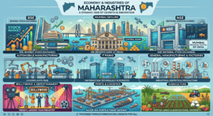 Economy and industries of Maharashtra featuring Mumbai skyline, Bombay Stock Exchange, Reserve Bank of India, automobile manufacturing, IT parks, ports, agriculture, and Bollywood.