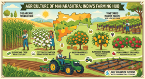 Agriculture of Maharashtra showing sugarcane, cotton, grapes, oranges, pomegranates, Alphonso mangoes, irrigation, tractors, and modern farming.
