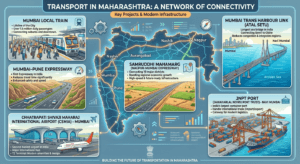 Transport in Maharashtra featuring Mumbai Local Railway, Mumbai–Pune Expressway, Samruddhi Mahamarg, Chhatrapati Shivaji Maharaj International Airport, JNPT Port, and Atal Setu.