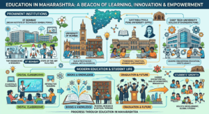 Education in Maharashtra featuring IIT Bombay, University of Mumbai, Savitribai Phule Pune University, COEP Tech University, students, graduation, and digital classrooms.