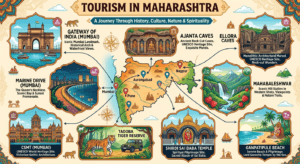 Tourism in Maharashtra featuring Gateway of India, Ajanta and Ellora Caves, Marine Drive, Shirdi, Mahabaleshwar, Ganpatipule Beach, Tadoba Tiger Reserve, and CSMT.