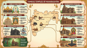 Famous temples of Maharashtra featuring Shirdi Sai Baba Temple, Siddhivinayak Temple, Trimbakeshwar, Bhimashankar, Grishneshwar, Mahalakshmi Temple, Tulja Bhavani Temple, and Shani Shingnapur.