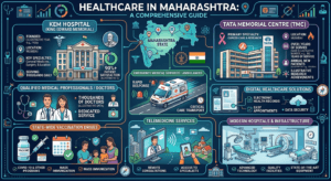 Healthcare in Maharashtra featuring modern hospitals, doctors, ambulances, KEM Hospital, Tata Memorial Centre, telemedicine, vaccination, and digital healthcare.