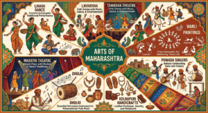 Arts of Maharashtra featuring Lavani dance, Tamasha, Warli painting, Powada, Paithani sarees, Kolhapuri handicrafts, Marathi theatre, and traditional music.