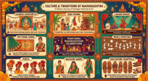 Culture and traditions of Maharashtra featuring Ganesh Chaturthi, Gudi Padwa, Nauvari Saree, Pheta, Warli painting, Paithani saree, Kolhapuri chappals, and Lavani dance.