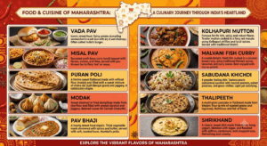 Food and cuisine of Maharashtra featuring Vada Pav, Misal Pav, Puran Poli, Modak, Pav Bhaji, Kolhapuri Mutton, Malvani Fish Curry, Sabudana Khichdi, and Shrikhand.