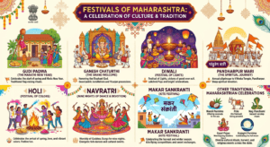 Festivals of Maharashtra featuring Ganesh Chaturthi, Gudi Padwa, Diwali, Pandharpur Wari, Holi, Navratri, Makar Sankranti, colourful processions, and traditional celebrations.