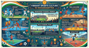 Sports in Maharashtra featuring Wankhede Stadium, MCA Stadium Pune, cricket, kabaddi, kho kho, Mallakhamb, wrestling, badminton, athletics, and sports academies.