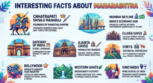 Interesting facts about Maharashtra featuring Mumbai skyline, Gateway of India, Ajanta Caves, Ellora Caves, Chhatrapati Shivaji Maharaj, Bollywood, Western Ghats, forts, and vineyards.