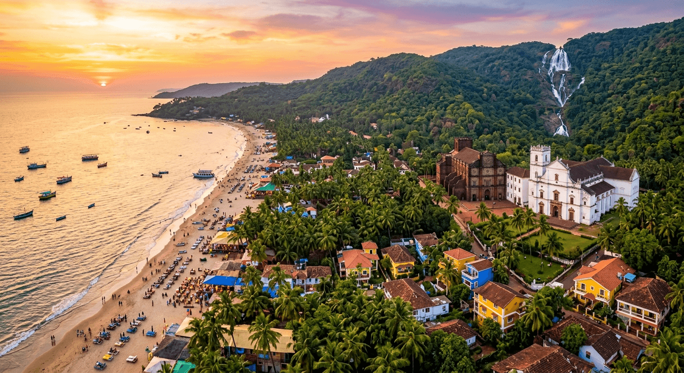 Goa complete guide featuring Calangute Beach, Basilica of Bom Jesus, Dudhsagar Waterfalls, Portuguese architecture, coconut trees, Arabian Sea, and vibrant tourism attractions.