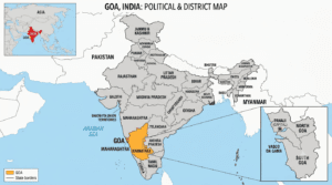 Goa highlighted on the political map of India showing neighbouring states, Arabian Sea, Panaji, Vasco da Gama, and district boundaries.