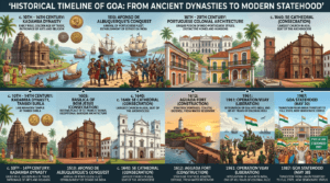 History of Goa featuring the Kadamba Dynasty, Portuguese rule, Basilica of Bom Jesus, Aguada Fort, Operation Vijay 1961, and Goa Statehood 1987.