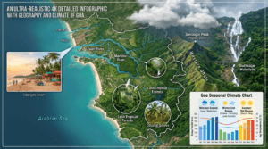 Geography and climate of Goa showing the Arabian Sea coastline, Western Ghats, Sonsogor Peak, Dudhsagar Waterfalls, tropical forests, beaches, and monsoon climate.