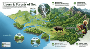 Rivers and forests of Goa featuring the Mandovi River, Zuari River, Western Ghats, mangrove forests, Mollem National Park, Dudhsagar Waterfalls, and wildlife sanctuaries.