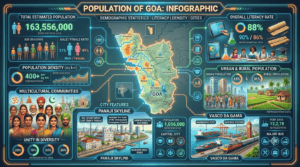Population of Goa infographic showing population statistics, literacy rate, population density, urban centres, multilingual communities, and demographic highlights.