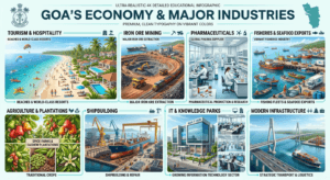 Economy and industries of Goa featuring tourism, luxury resorts, mining, pharmaceuticals, fisheries, cashew plantations, shipbuilding, and manufacturing industries.