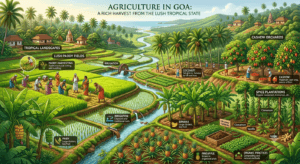 Agriculture of Goa featuring paddy fields, coconut plantations, cashew orchards, banana farms, spice plantations, pineapple cultivation, and organic farming.