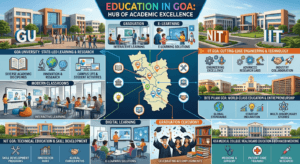 Education in Goa featuring Goa University, IIT Goa, NIT Goa, BITS Pilani Goa Campus, Goa Medical College, digital classrooms, students, and higher education institutions.