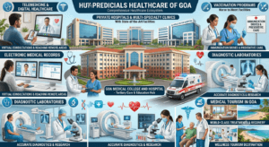 Healthcare in Goa featuring Goa Medical College and Hospital, modern hospitals, doctors, telemedicine, ambulances, vaccination, and medical tourism.