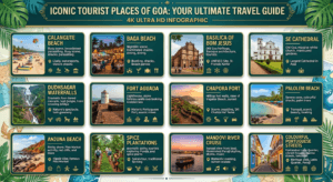 Tourist places in Goa featuring Calangute Beach, Baga Beach, Basilica of Bom Jesus, Dudhsagar Waterfalls, Fort Aguada, Chapora Fort, Palolem Beach, and Portuguese heritage.