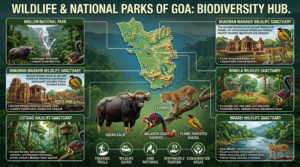 Wildlife and National Parks of Goa featuring Mollem National Park, Bhagwan Mahavir Wildlife Sanctuary, Dudhsagar Waterfalls, Indian Gaur, Leopard, Flame-throated Bulbul, and Western Ghats forests.