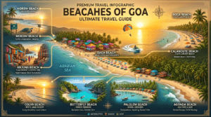 Beaches of Goa featuring Calangute Beach, Baga Beach, Palolem Beach, Anjuna Beach, Colva Beach, parasailing, beach shacks, and Arabian Sea sunset.