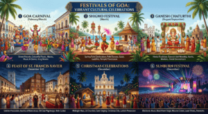 Festivals of Goa featuring Goa Carnival, Shigmo Festival, Feast of St. Francis Xavier, Ganesh Chaturthi, Christmas celebrations, Sunburn Festival, and colourful cultural events.