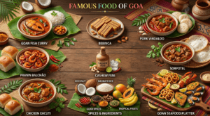 Famous food of Goa featuring Goan Fish Curry, Prawn Balchão, Chicken Xacuti, Pork Vindaloo, Bebinca, seafood platter, Cashew Feni, and traditional Goan cuisine.