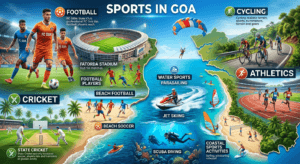Sports in Goa featuring football, Fatorda Stadium, FC Goa, cricket, water sports, parasailing, scuba diving, cycling, and athletics.