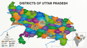Political map of Uttar Pradesh showing all 75 districts, Lucknow, Agra, Varanasi, Prayagraj, Ayodhya, and India map with Uttar Pradesh highlighted.