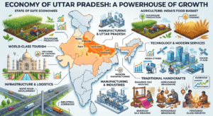 Economy of Uttar Pradesh featuring sugarcane farming, Noida IT hub, Banarasi silk, Moradabad brassware, Taj Mahal tourism, and India map with Uttar Pradesh highlighted.