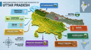Neighbouring states and borders of Uttar Pradesh featuring an India map with Uttar Pradesh highlighted and surrounding states labelled.