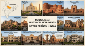 Museums and historical monuments of Uttar Pradesh featuring Taj Mahal, Agra Fort, Jhansi Fort, Sarnath Museum, and India map with Uttar Pradesh highlighted.