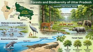 Forests and biodiversity of Uttar Pradesh featuring Dudhwa National Park, Bengal tiger, Barasingha, Gangetic River Dolphin, Sarus Crane, Gharial, and India map with Uttar Pradesh highlighted.
