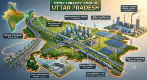 Power and infrastructure of Uttar Pradesh featuring thermal power plants, solar parks, expressways, Noida International Airport, Lucknow Metro, Vande Bharat train, and India map with Uttar Pradesh highlighted.